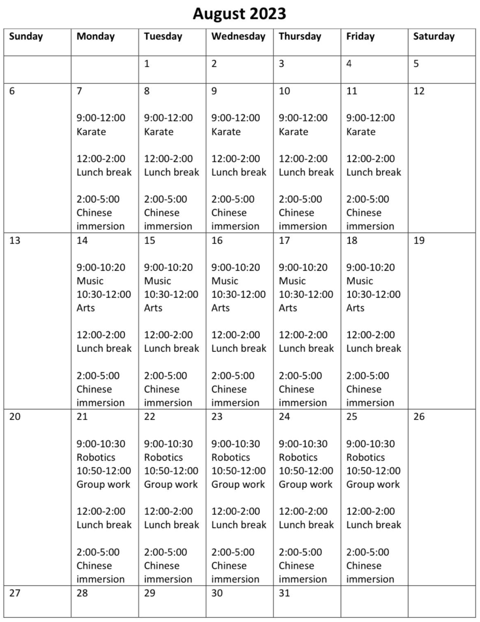 Schedule little universe academy