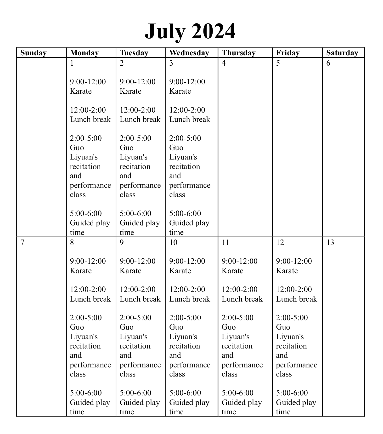 July Calendar, 1-13